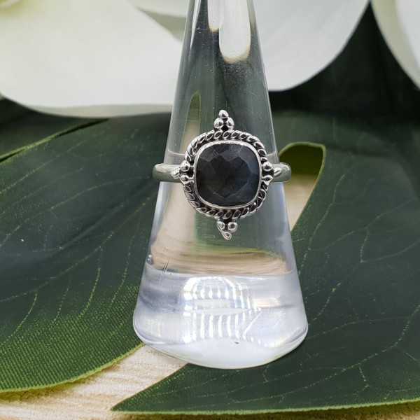 Silver ring with a square facet cut Labradorite