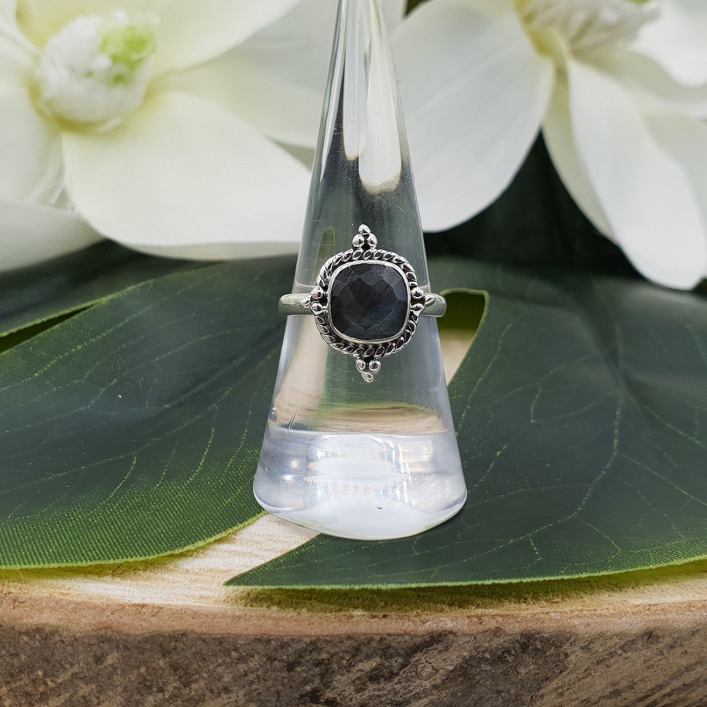 Silver ring with a square facet cut Labradorite