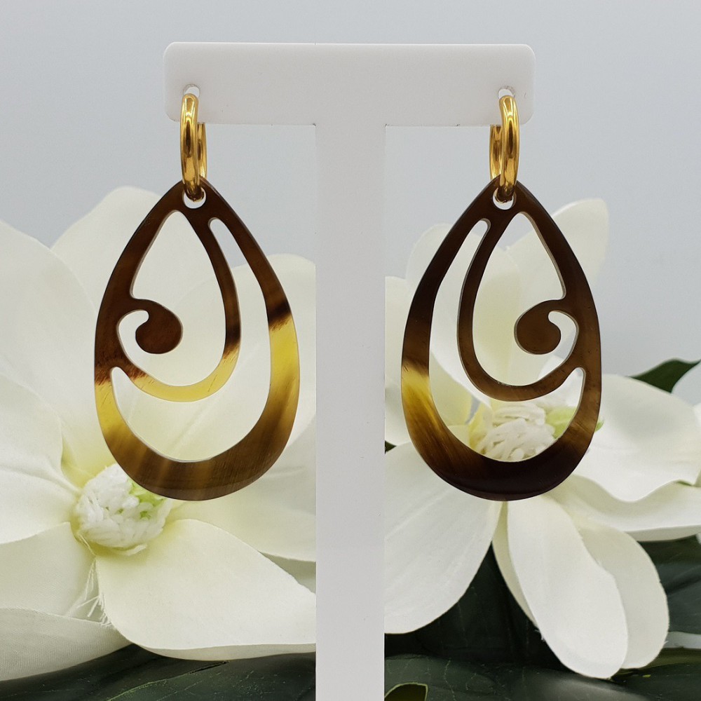 Creoles with brown carved buffalo horn pendant