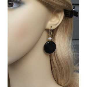 Gold plated earrings with round, large Onyx and Pearl
