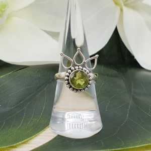 Silver boho ring set with round faceted Peridot 16.5 mm