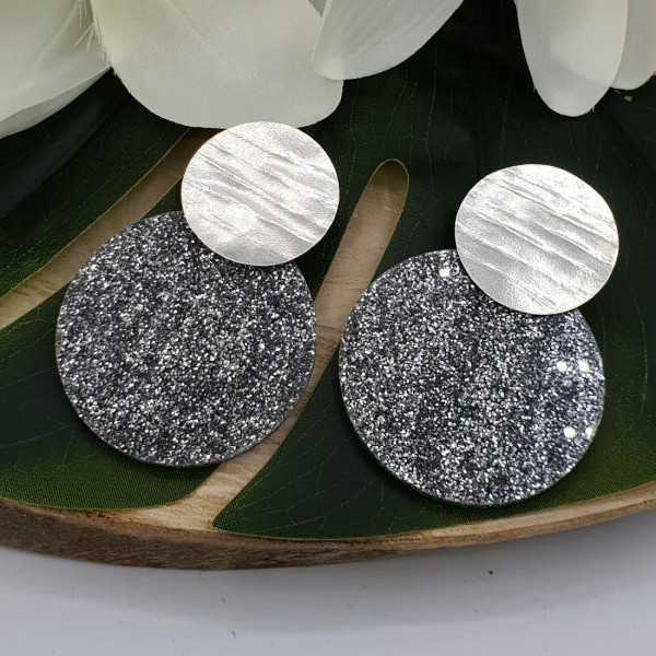 Silver earrings with large round silver glitter resin