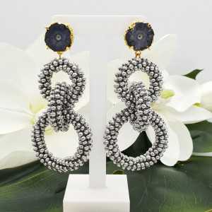 Earrings with Solar quartz and rings of silver beads