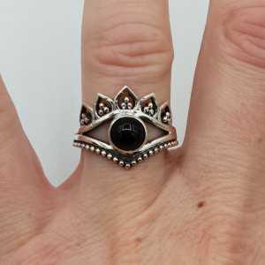 Silver ring set with round cabochon black Onyx 17 mm