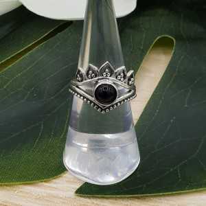 Silver ring set with round cabochon black Onyx 17 mm