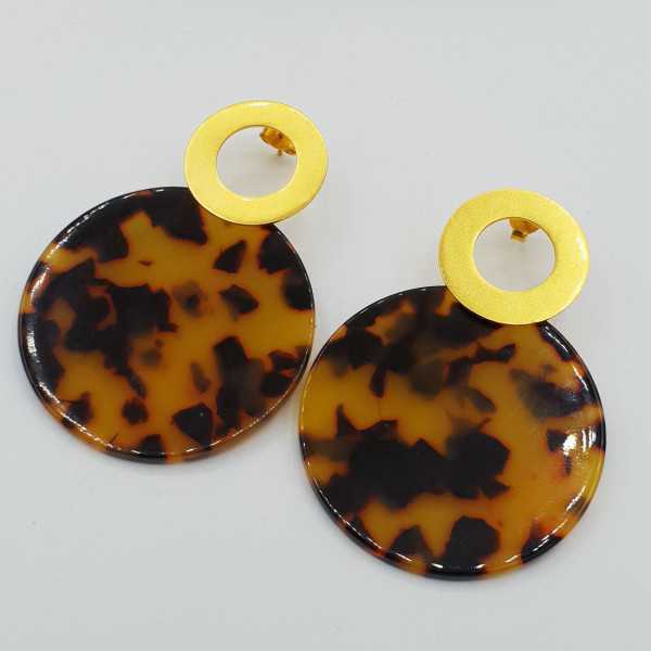 Gold plated earrings with large tortoise shell resin pendant