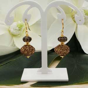 Gold plated earrings with golden crystal and Smokey Topaz