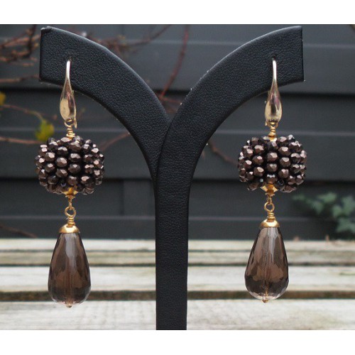 Vergulde oorbellen bollen van kristallen en Smokey Topaas briolet 