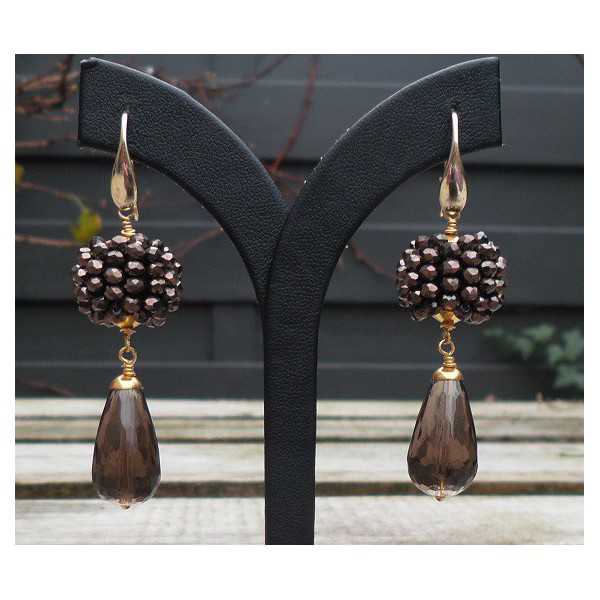 Gold plated earrings spheres of crystals and Smokey Topaz briolet 