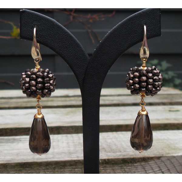 Gold plated earrings spheres of crystals and Smokey Topaz briolet
