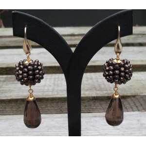 Gold plated earrings spheres of crystals and Smokey Topaz briolet 