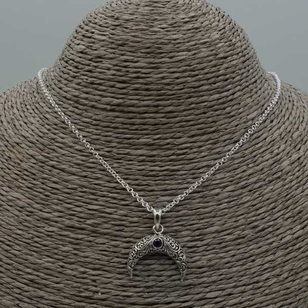 Silver necklace with half moon / horn pendant set with Amethyst
