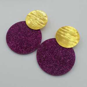 Gold plated earrings with large round purple glitter resin