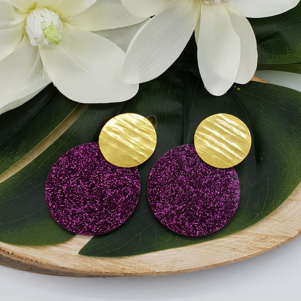 Gold plated earrings with large round purple glitter resin