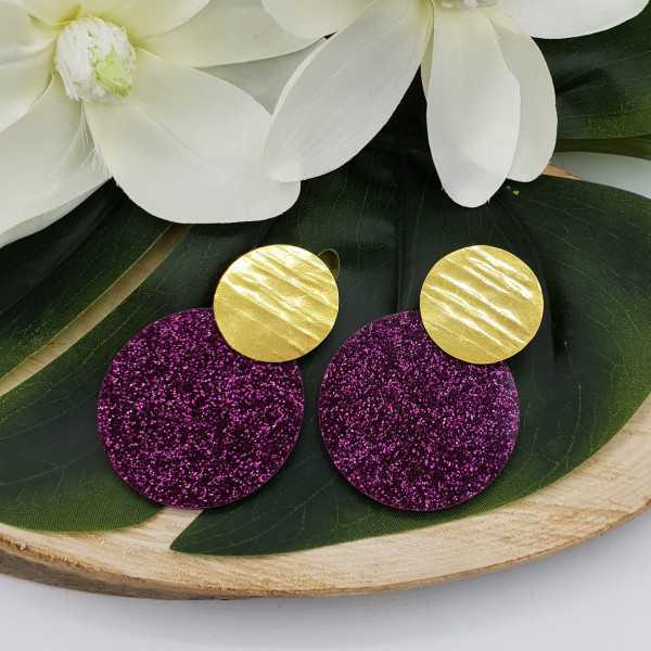 Vergoldete Ohrringe mit großen, Runden, lila glitter Harz