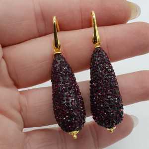 Gold plated earrings with drop of purple crystals