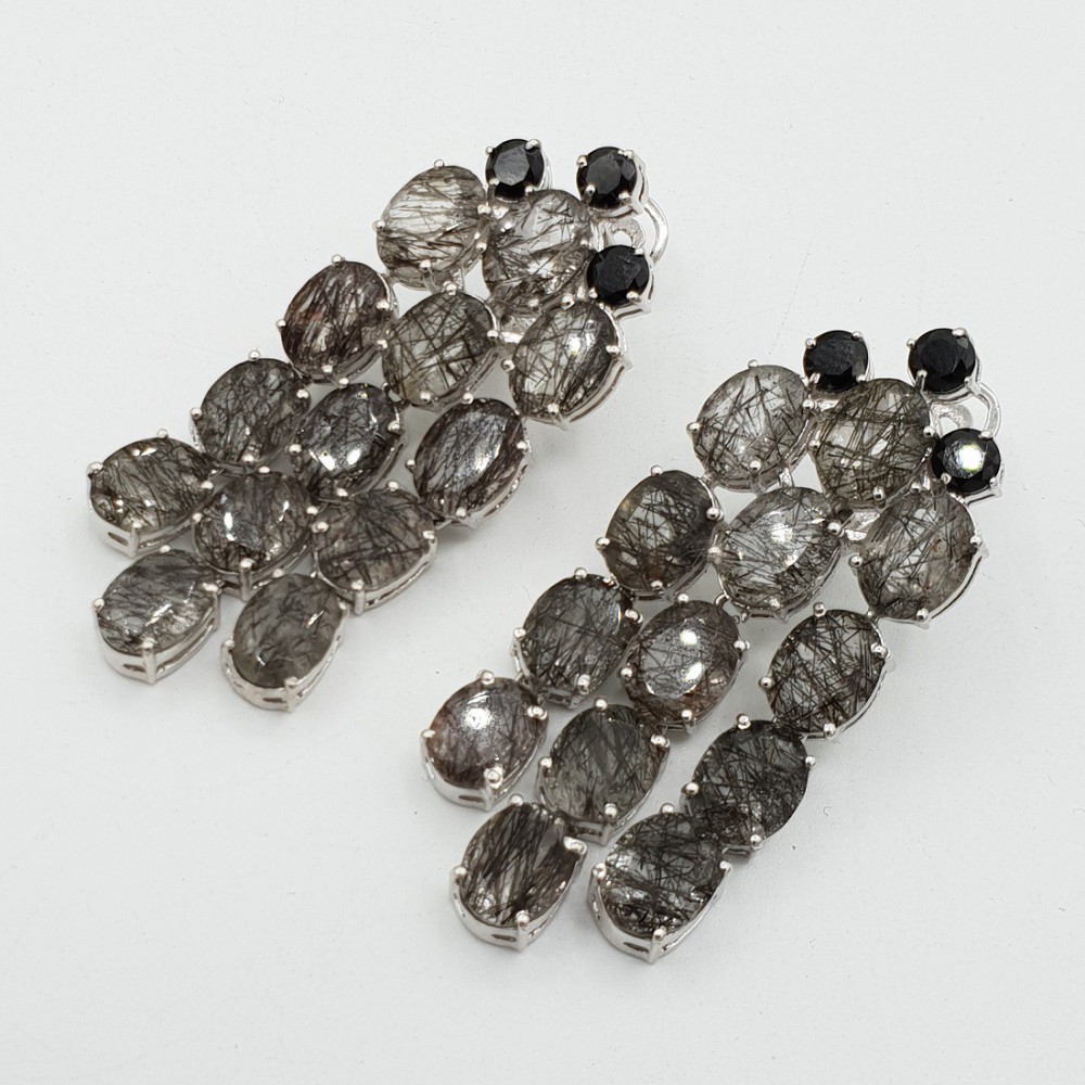 Silver earrings with black Rutielkwarts and black Onyx