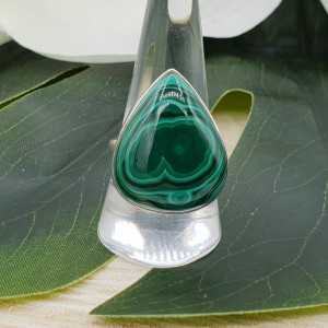 Silver ring set with large oval Malachite 19 mm