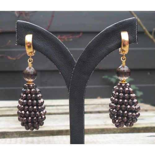 Vergoldete Ohrringe Tropfen braune Kristalle und Smokey Topaz