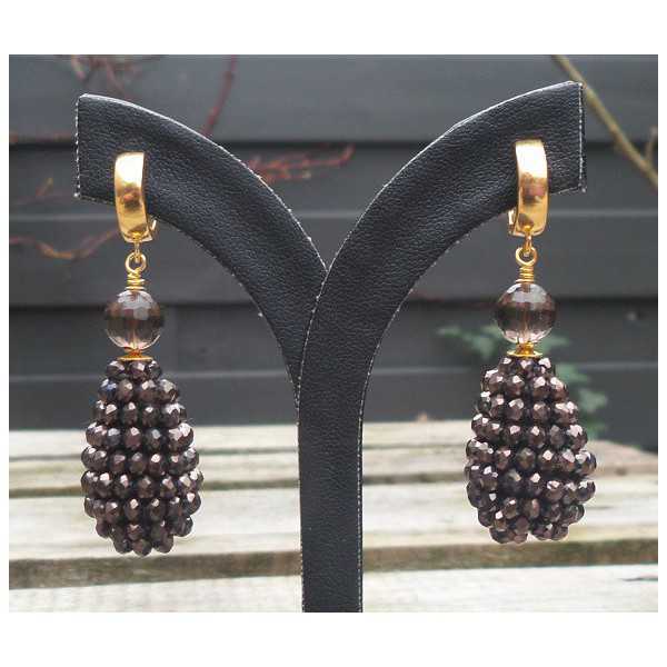 Gold-plated earrings drop of brown crystals and Smokey Topaz