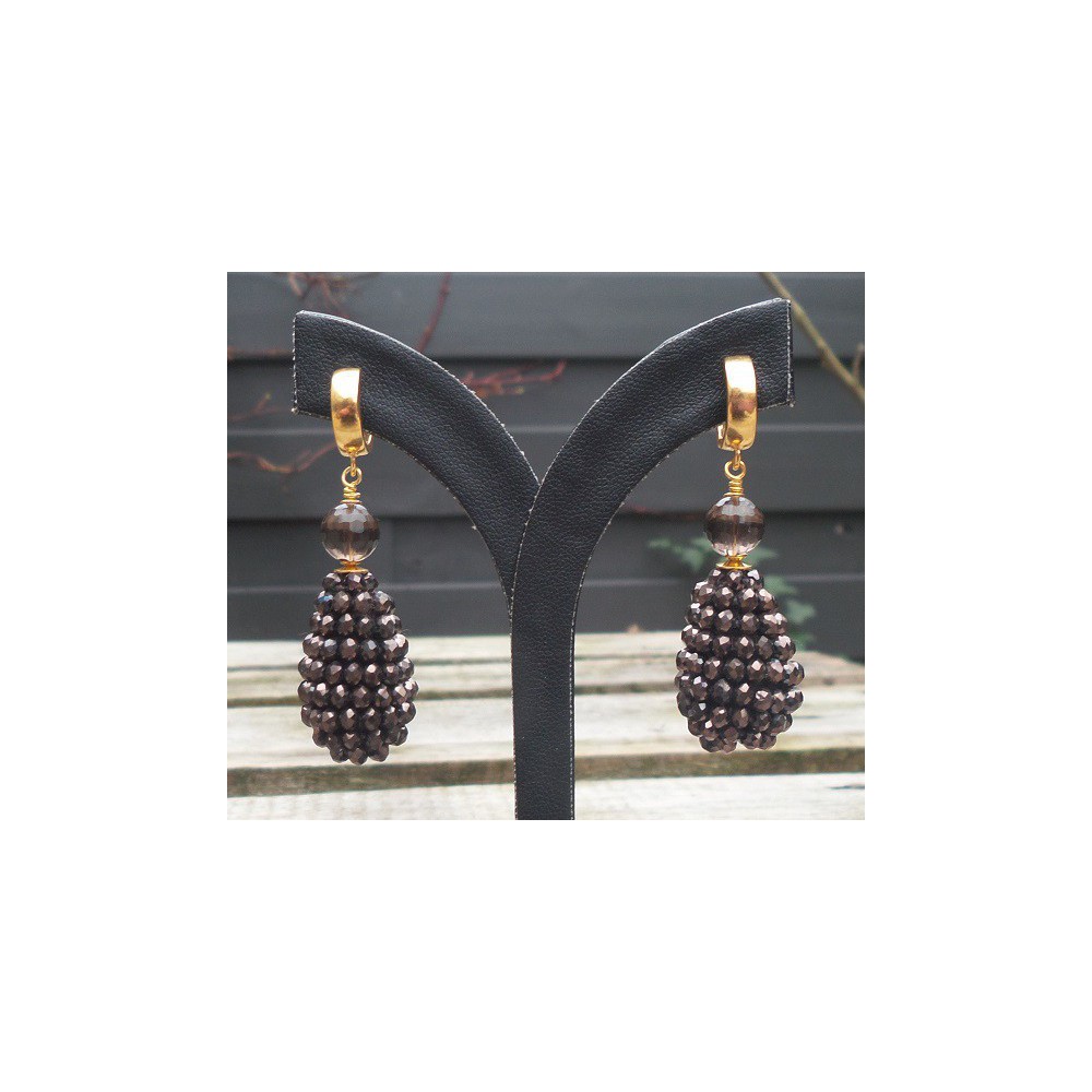 Gold-plated earrings drop of brown crystals and Smokey Topaz