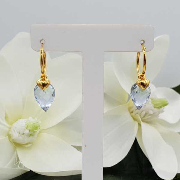 Gold plated creole with heart pendant and Aquamarine quartz briolet