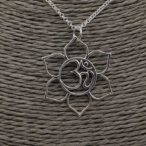 Silver chain with open lotus pendant with Ohm sign
