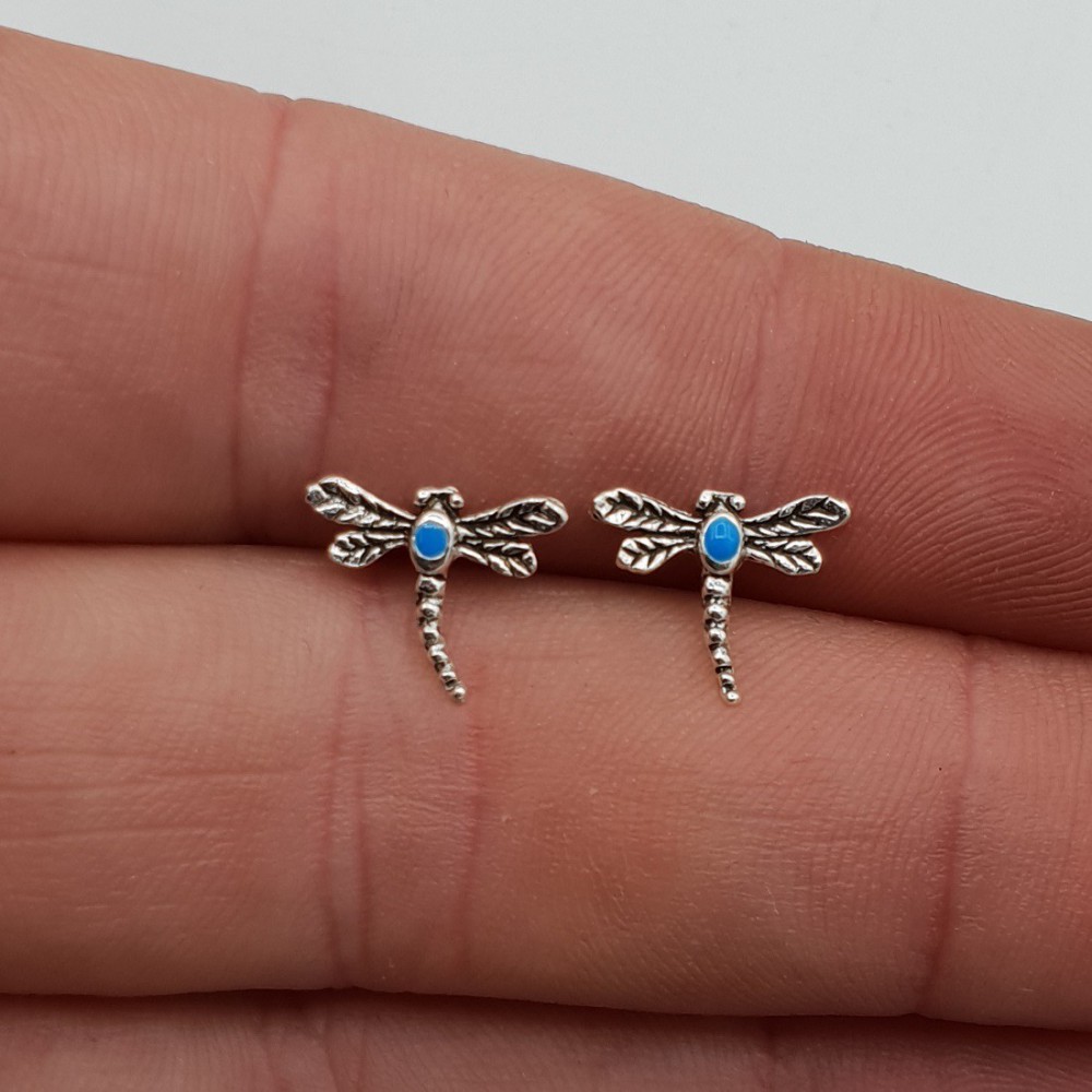 Silver dragonflies oorknoppen with blue enamel