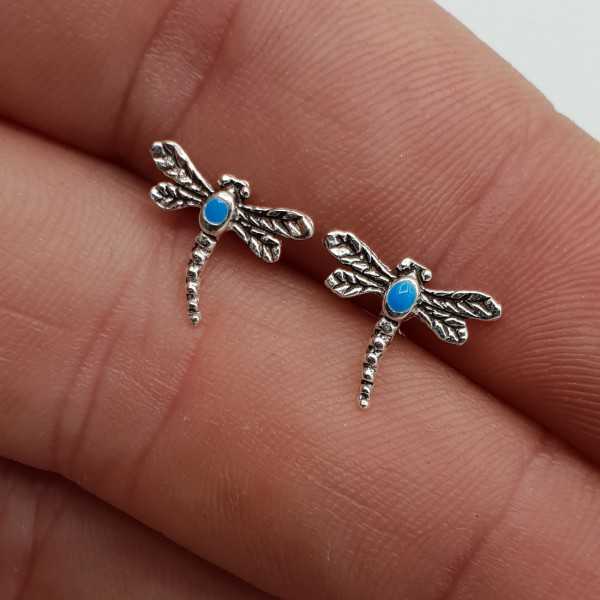 Silver dragonflies oorknoppen with blue enamel