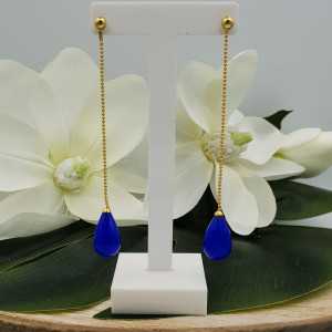 Gold plated long earrings blue Chalcedony briolet