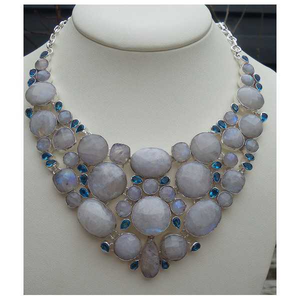 Silver necklace set with blue Topaz and faceted Moonstone