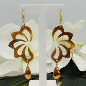 Gold plated earrings with buffalo horn and Citrine quartz