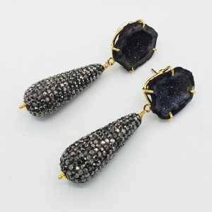 Gold plated earrings with Agate geode and a drop of black crystals