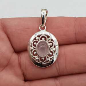 Silver pendant oval rose quartz in open worked setting