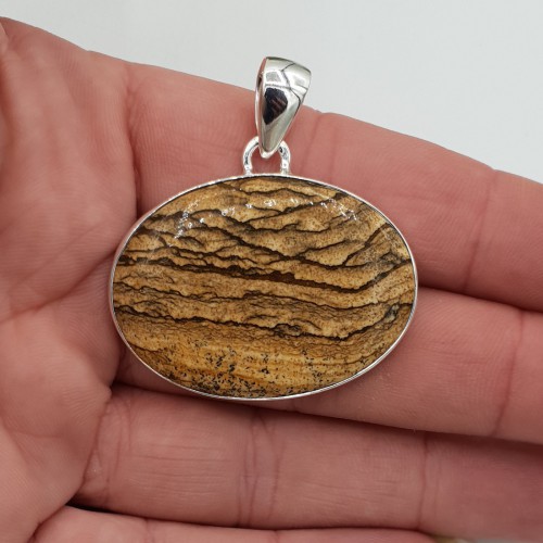 Zilveren hanger met dwarsliggende ovale landschap Jaspis