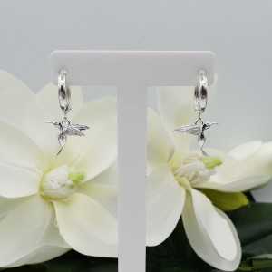 Silver creoles with Hummingbird pendant