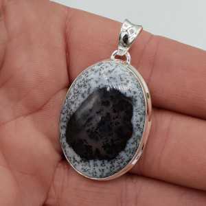 Silver pendant with wide oval Dendrite Opal
