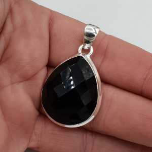 Silver pendant wide drop shaped facet cut Onyx