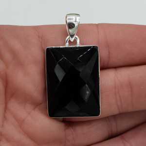 Zilveren hanger met rechthoekige facet zwarte Onyx