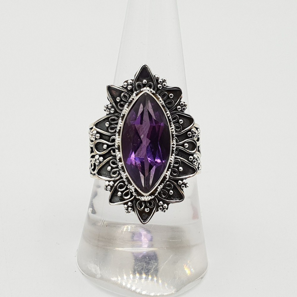 Silver ring with marquise Amethyst carved setting