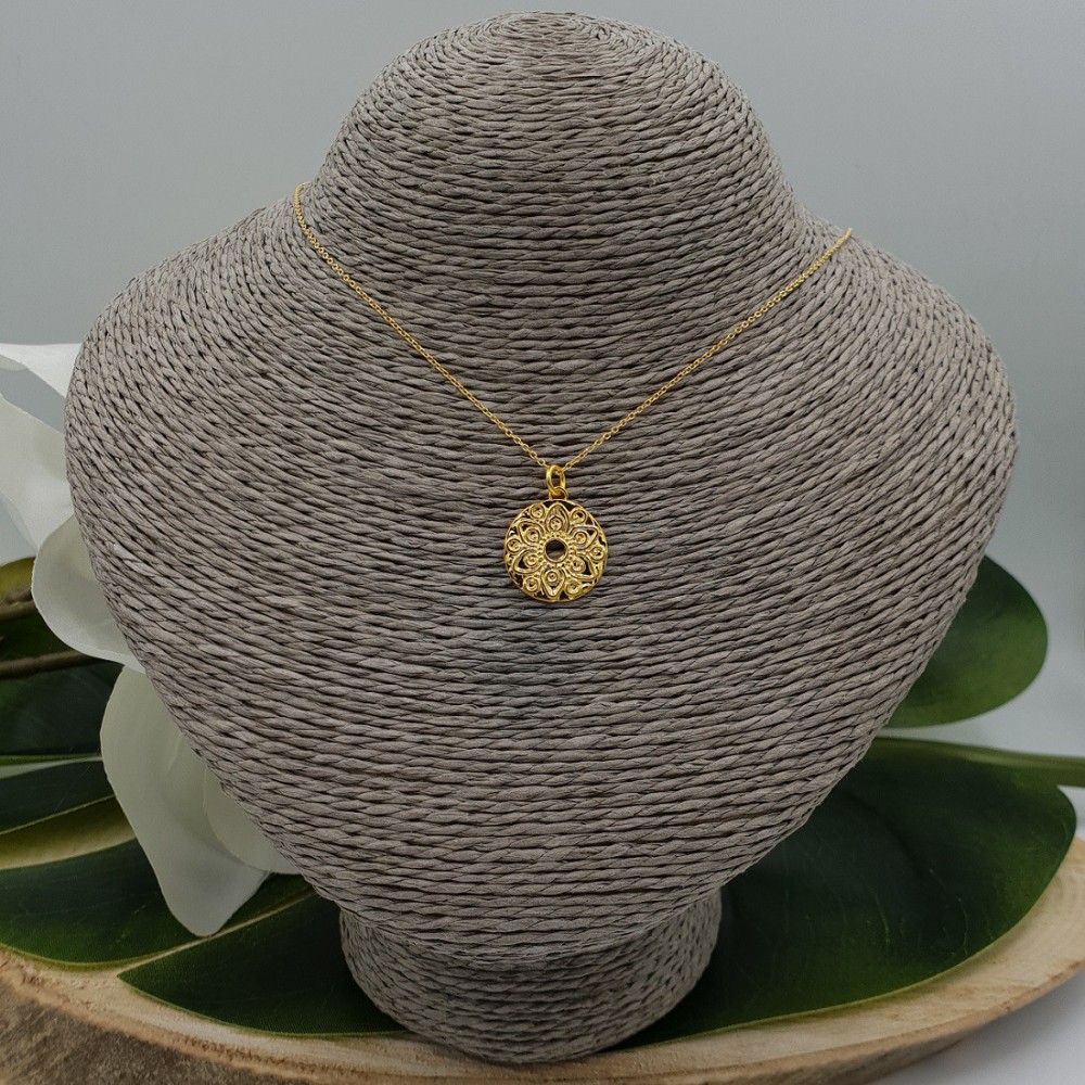 Gold plated necklace with round Mandala flower pendant