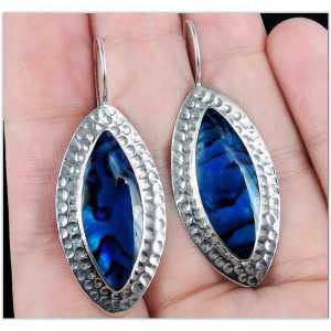 Silver earrings set with marquise blue Abalone shell