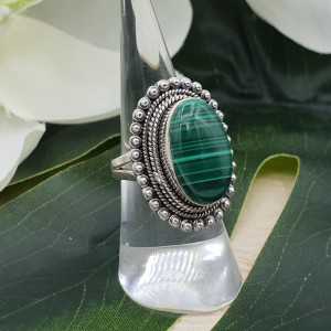 Silver ring set with Malachite and carved head 16.5 mm