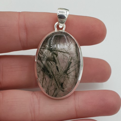 Zilveren hanger met ovale cabochon groene Rutielkwarts