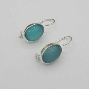 Silver earrings with oval Chalcedony and hasp