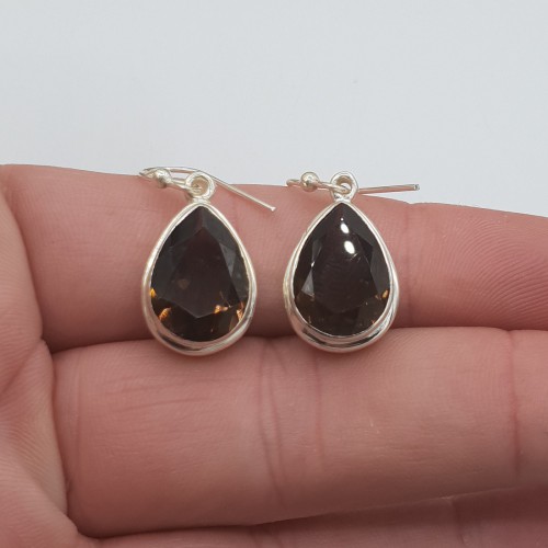 Zilveren edelsteen oorbellen met druppelvormige Smokey Topaas