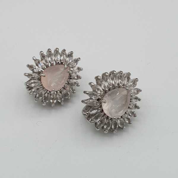 Silver earrings set with rose quartz and white Topazes
