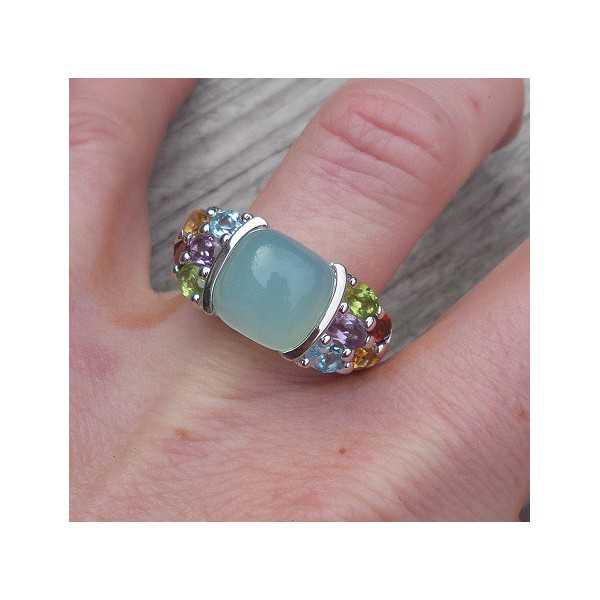 Silver ring set with Chalcedony and multi gemstones 17.5 mm