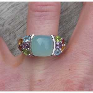 Silver ring set with Chalcedony and multi gemstones 17.5 mm 