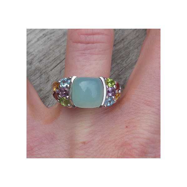 Silver ring set with Chalcedony and multi gemstones 17.5 mm 